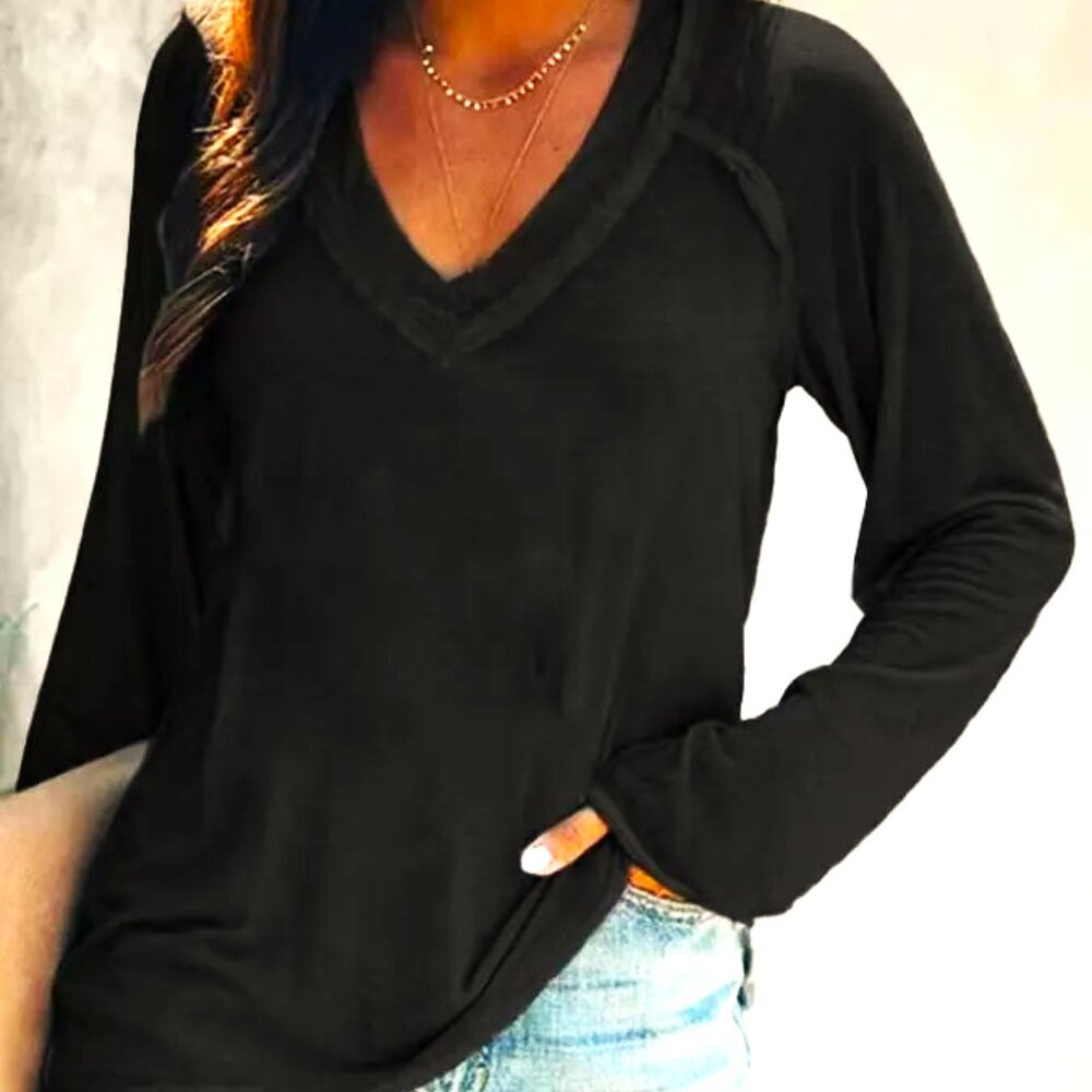 BLACK SIZE LARGE V-NECK OVERSIZED RAGLAN SLEEVE REVERSE STITCH LONG SLEEVE TOP